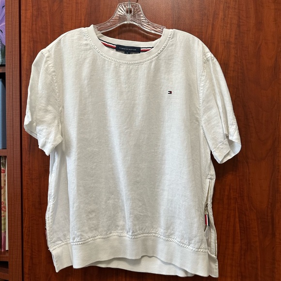 Tommy Hilfiger Off-White Linen Short Sleeve Tee with Side Zippers - Picture 1 of 6